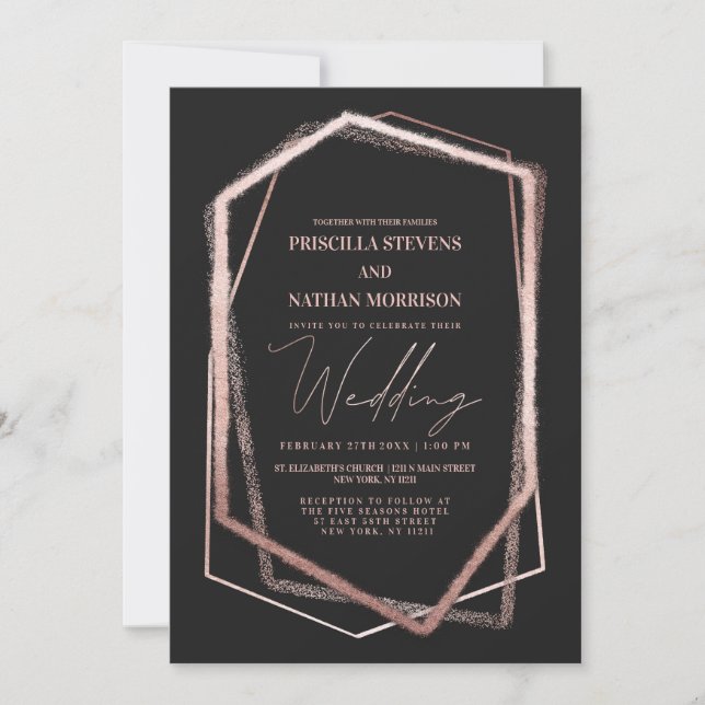 Invitation Terrarium Rose Gold Geo Linear Border Chic Mariage (Devant)