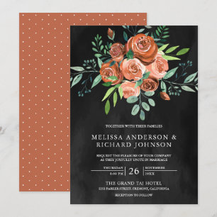 Invitation Terre brûlé Orange Roses Floral gris foncé Mariage