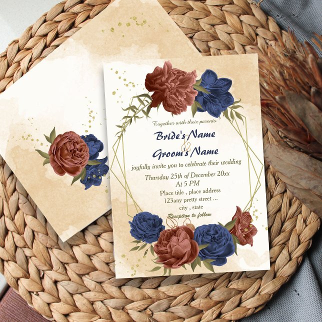 Invitation terre cuite bleu marine floral mariage géométrique (Créateur téléchargé)