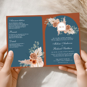 Invitation Terre cuite Fleurs Bleu Poussiéreux Code QR Mariag