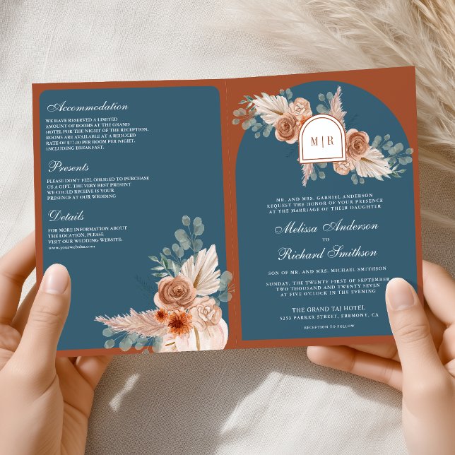 Invitation Terre cuite Fleurs Bleu Poussiéreux Code QR Mariag (Créateur téléchargé)