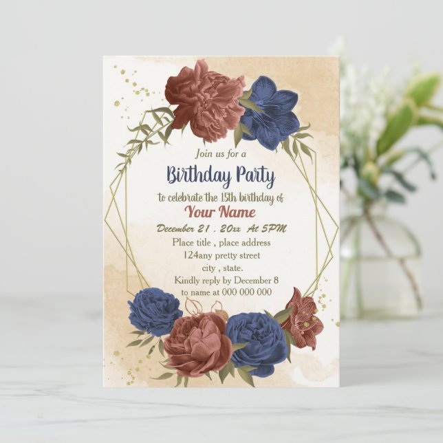Invitation terre cuite marine bleu floral vert anniversaire (Debout devant)