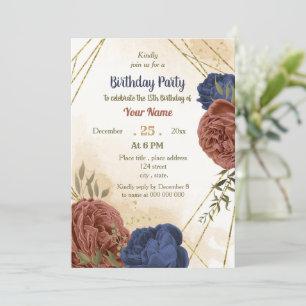 Invitation terre cuite marine bleu floral vert anniversaire
