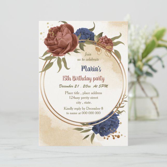 Invitation terre cuite marine bleu floral vert anniversaire (Debout devant)