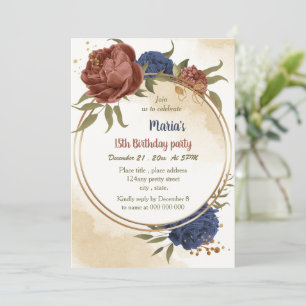 Invitation terre cuite marine bleu floral vert anniversaire