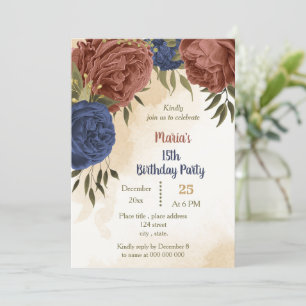 Invitation terre cuite marine bleu floral vert anniversaire