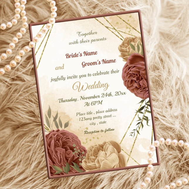 Invitation terre cuite tonalité de terre mariage vert fleuri (Créateur téléchargé)
