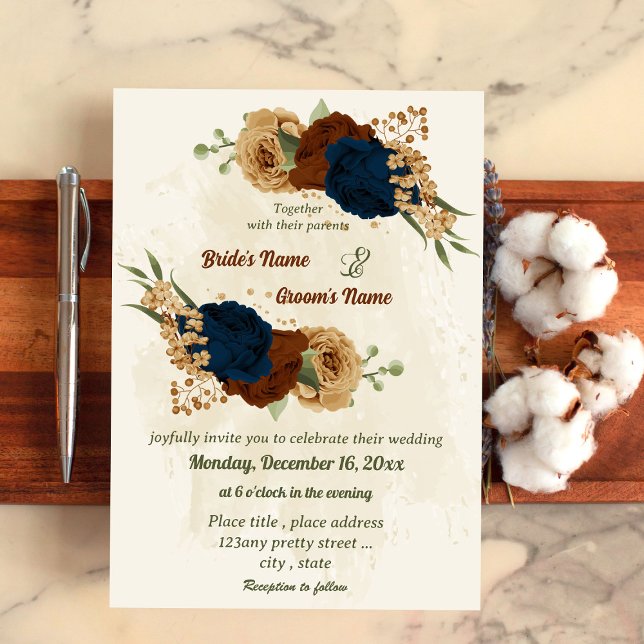 Invitation terre cuite tonalité marine floral vert mariage (Créateur téléchargé)