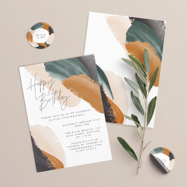 Invitation Terre cuite verte Aquarelle abstraite Anniversaire (Créateur téléchargé)