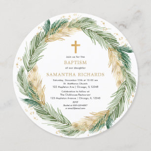 Invitation Terre de Noël vert feuille d'or baptême