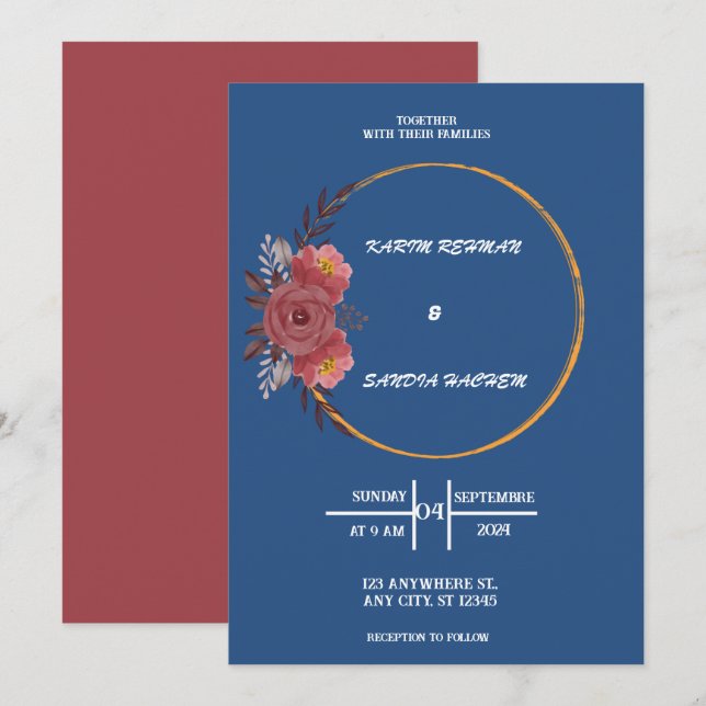 Invitation Terre Orange Roses Floral Marine Blue Mariage Invi (Devant / Derrière)