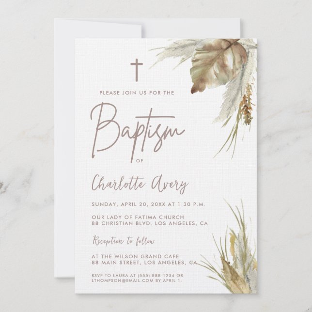 Invitation Terre tonalité Boho Pampas Grass Personnalisé Bapt (Devant)