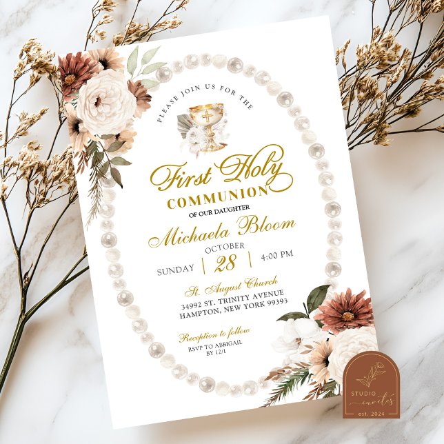 Invitation Terre Tone Floral Pearl Première Communion sainte (Créateur téléchargé)