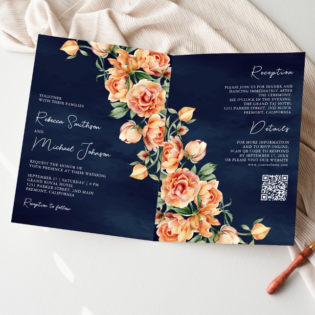 Invitation Terreux Péché Floral Bleu Marine Code QR Mariage (Créateur téléchargé)