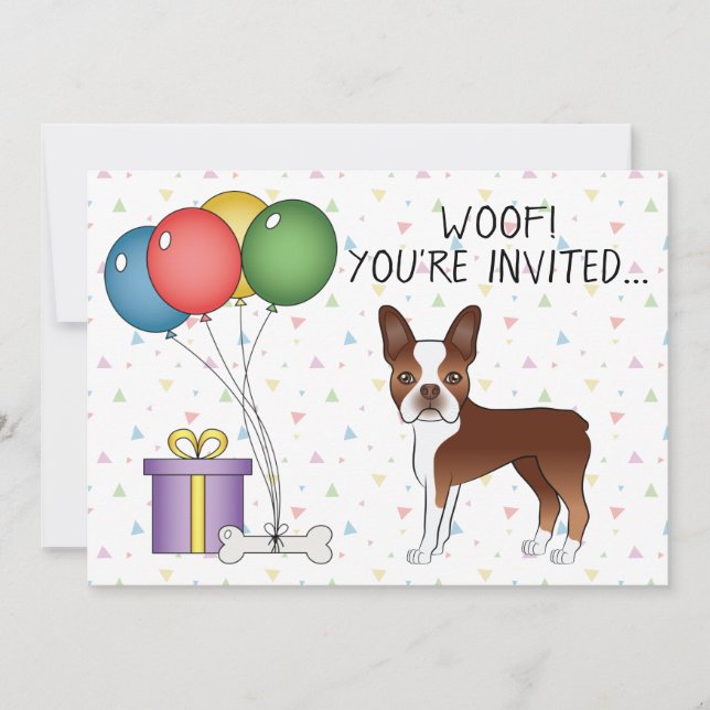 Invitation Terrier Boston Rouge Et Blanc Chien Mignon - Anniv (Devant)