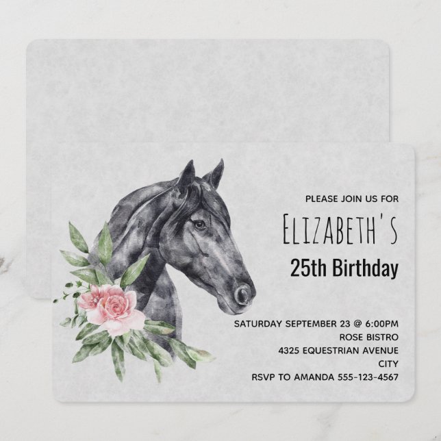 Invitation Tête de Beau Cheval en Aquarelle pour Anniversaire (Devant / Derrière)