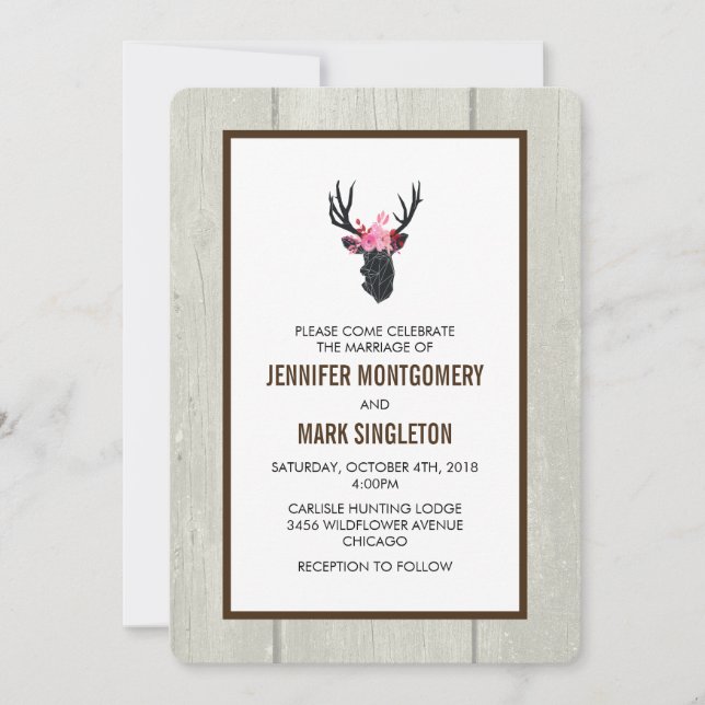Invitation Tête de cerf géométrique avec couronne florale Mar (Devant)