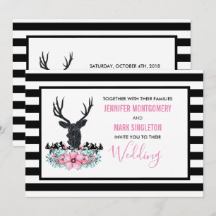 Invitation Tête de cerf noir avec fleurs roses et mariage en 