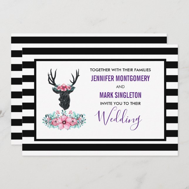 Invitation Tête de cerf noir avec Mariage de fleurs roses (Devant / Derrière)
