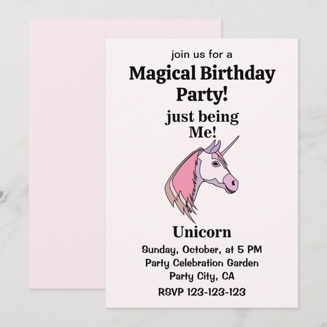 Invitation Tête de licorne rose violet Magique Anniversaire (Devant / Derrière)