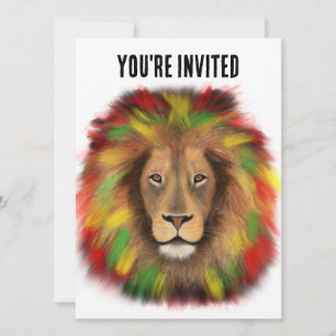 Invitation Tête de lion Rasta rouge jaune vert dessin Jamaïqu