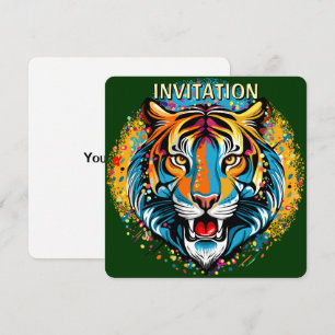 Invitation Tête de tigre couleurs arc-en-ciel peinture taches