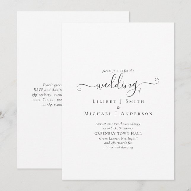 Invitation Texte blanc classique uniquement Mariage ou autre  (Devant / Derrière)
