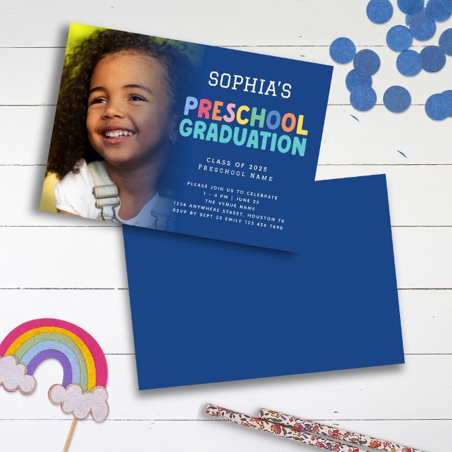 Invitation Texte coloré Photo Préscolaire Bleu (pre school graduation card)