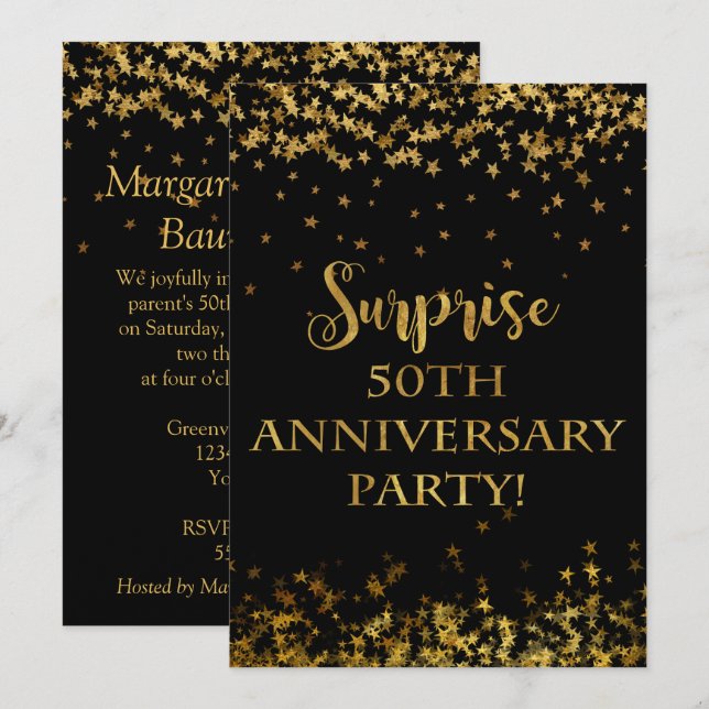 Invitation Texte Étoiles Pailletées Or 50e Anniversaire (Devant / Derrière)
