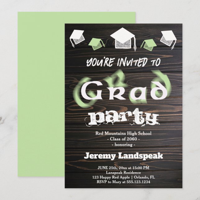 Invitation Texte flou vert pâle pour la fête de fin d'études  (Devant / Derrière)