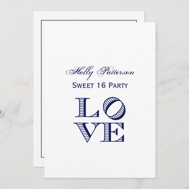 Invitation Texte graphique LOVE - Bleu (Devant / Derrière)