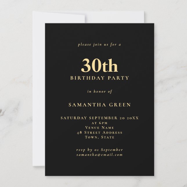 Invitation Texte minimaliste Black Gold 30th Birthday Party (Devant)