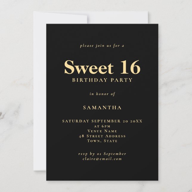 Invitation Texte minimaliste Black Gold Sweet 16 Anniversaire (Devant)