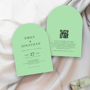 Invitation Texte minimaliste QR Celadon Green Arch Mariage