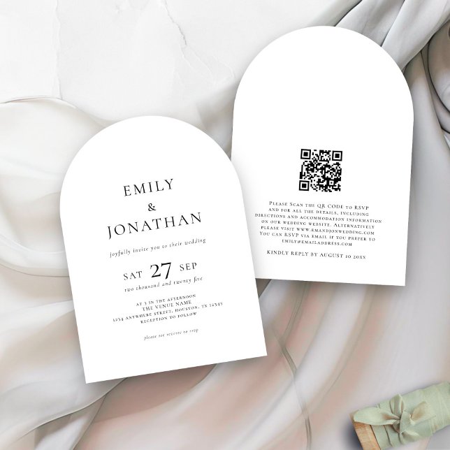 Invitation Texte minimaliste QR Code noir blanc Arche Mariage (front and back view)