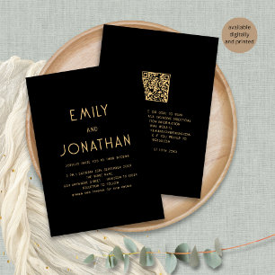 Invitation Texte minimaliste QR Code or noir Mariage