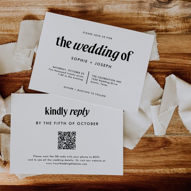 Invitation Texte moderne | Mariage noir et blanc avec code QR (Créateur téléchargé)