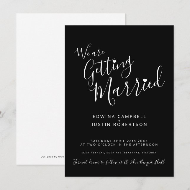 Invitation Texte simple et coeur noir blanc mariage invite (Devant / Derrière)