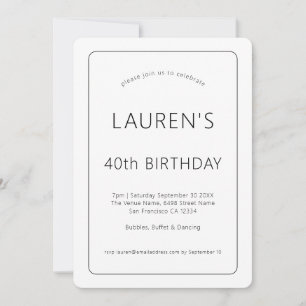 Invitation Texte simple Noir blanc seulement 40e fête d'anniv