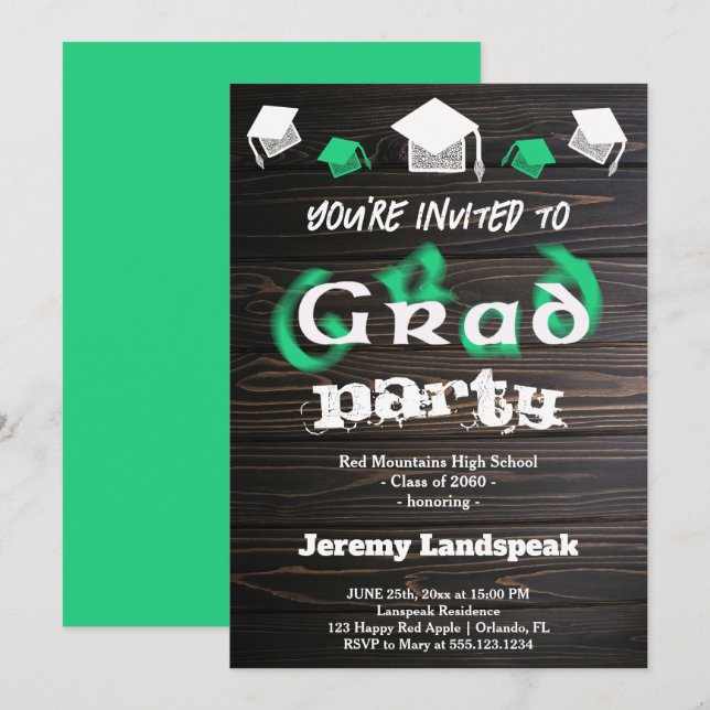 Invitation Texte Vert Flou pour Fête de Remise de Diplômes (Devant / Derrière)