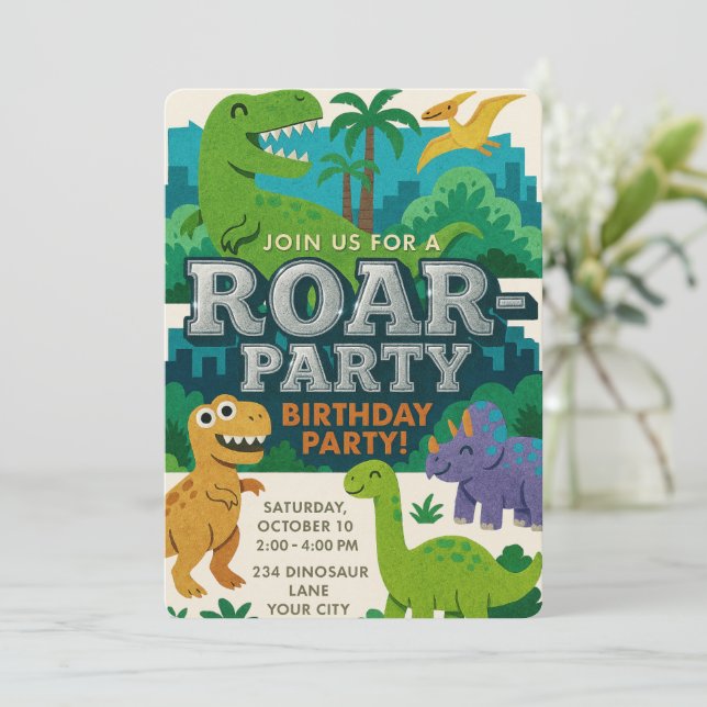 Invitation Textes de Felt Jurassic Playground Dinosaur Annive (Debout devant)