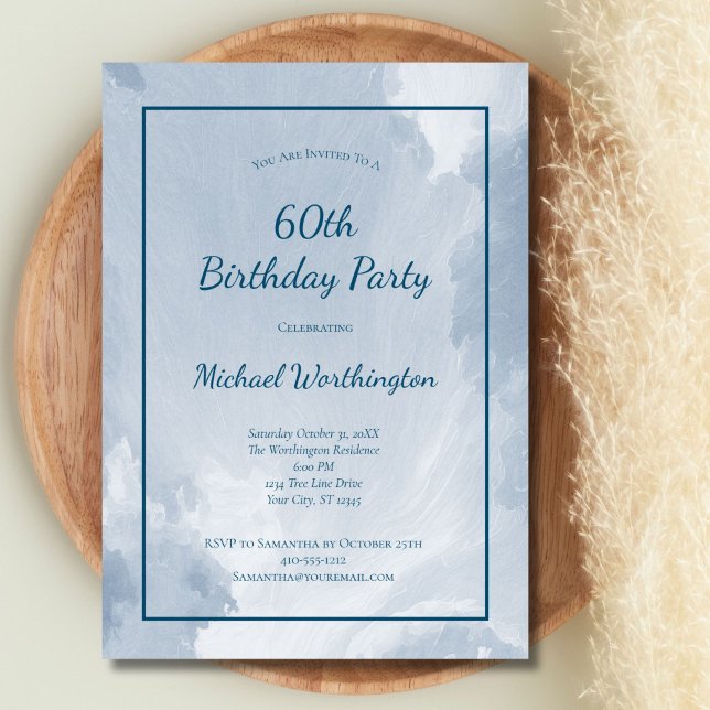 Invitation Texture Aquarelle Bleue Hommes 50e 60e Anniversair (Blue Watercolor Texture Border 60th 70th 80th birthday party invitation for him Printed or Digital)