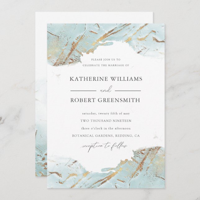 Invitation texturé bleu or faux feuille élégant Mariage (Devant / Derrière)