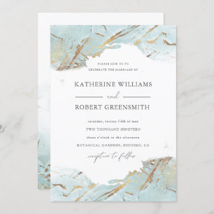 Invitation texturé bleu or faux feuille élégant Mariage