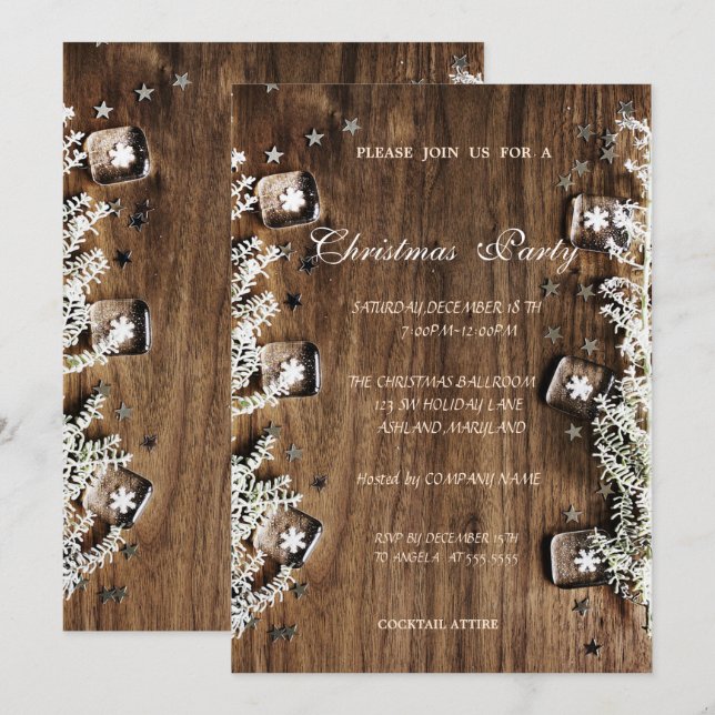 Invitation Texture de bois, flocons de neige, fête de Noël d' (Devant / Derrière)