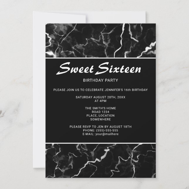 Invitation Texture de faux marbre noir pour un anniversaire S (Devant)