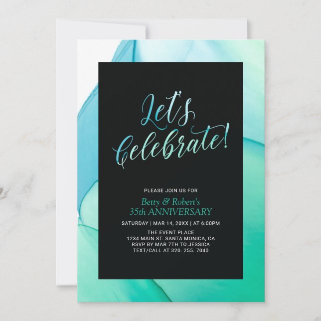 Invitation Texture de fluide vert 35e anniversaire de mariage (Devant)