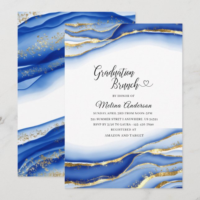 Invitation Texture d'encre alcoolique bleue aquarelle brunch  (Devant / Derrière)