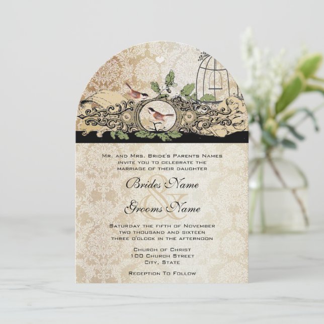 Invitation Texture or Birdcage Damask Inséparables Vintages (Debout devant)
