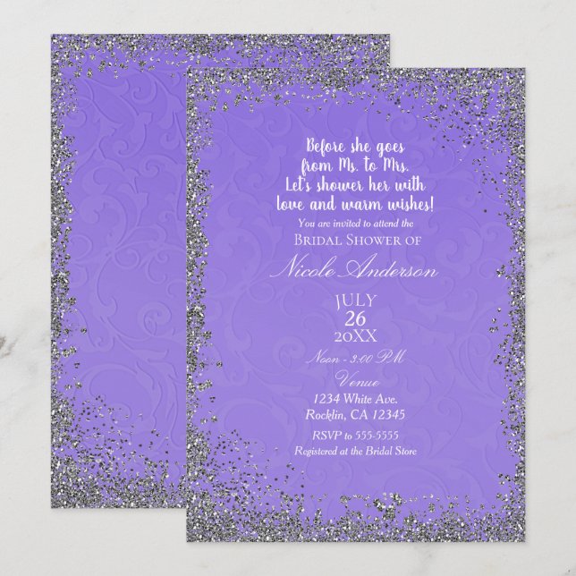 Invitation Texture Violet Paillettes Argent Mariage Moderne C (Devant / Derrière)